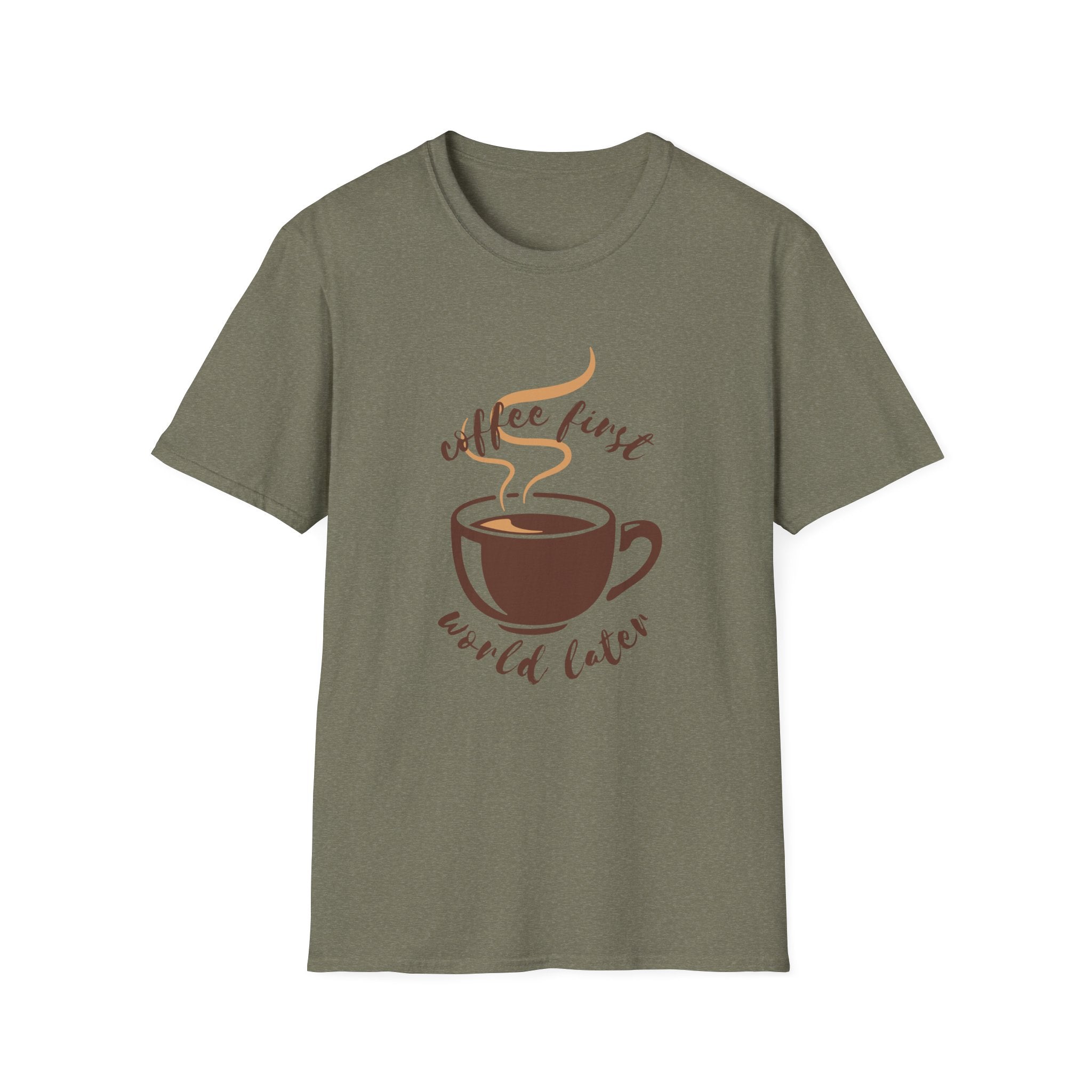 Coffee First, World Later Unisex T-Shirt | Perfect Gift for Coffee Lovers, Casual Wear, Fun Graphic Tee, Birthday Gift, Everyday Comfort